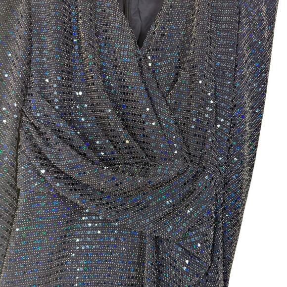 Talbot Runhof Rosin Metallic Navy Draped Gown V-Neck Cape Sleeve 6 36 Preowned - Picture 5 of 14